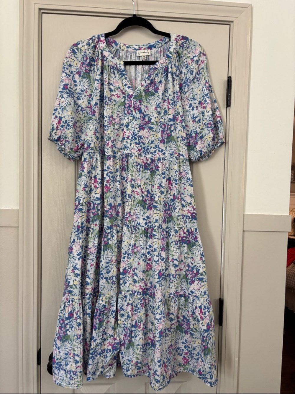 Wonderly Floral Tiered Midi Dress in Blue, Purple & Green